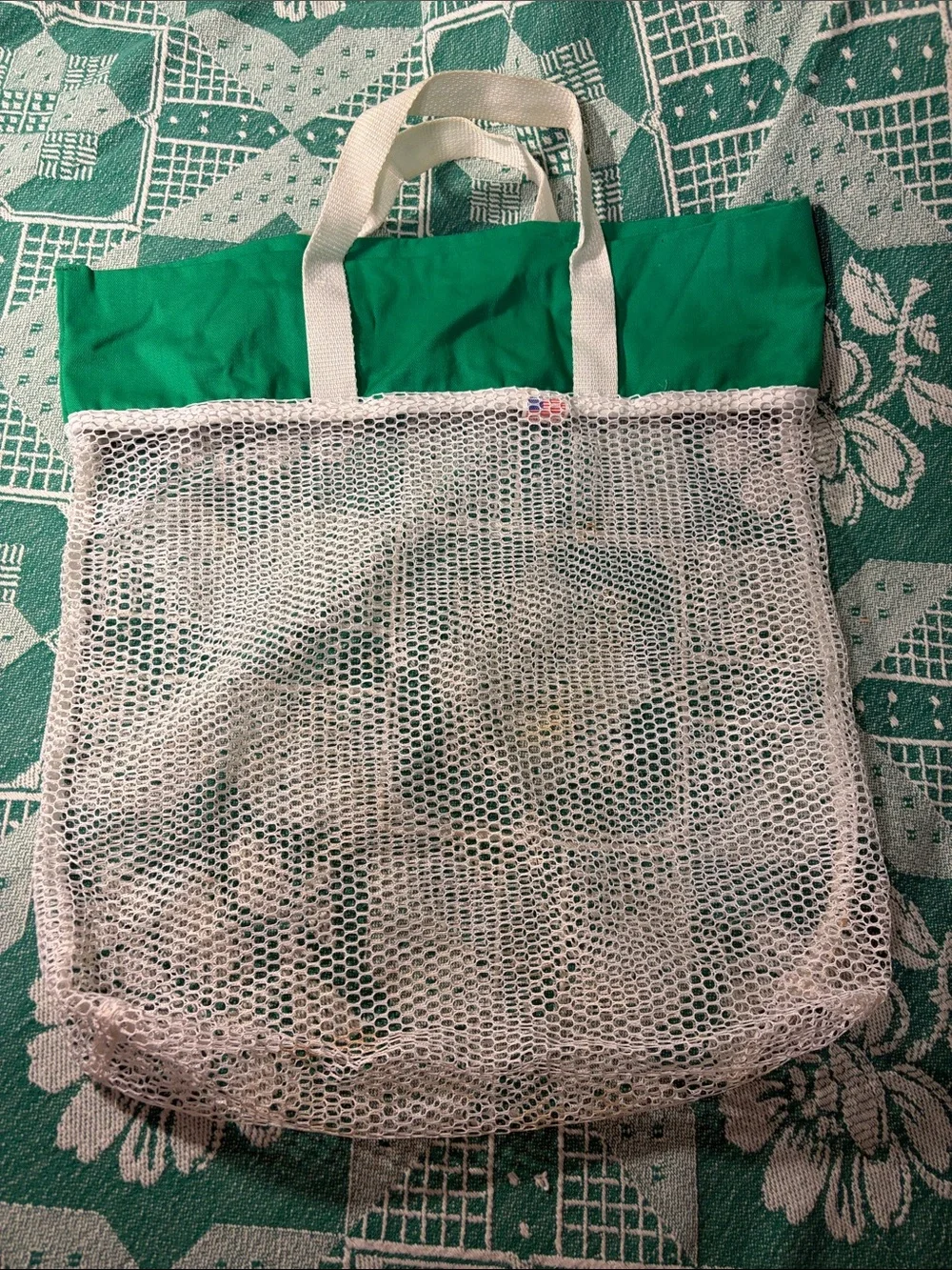 Vintage Green and White Mesh Tote